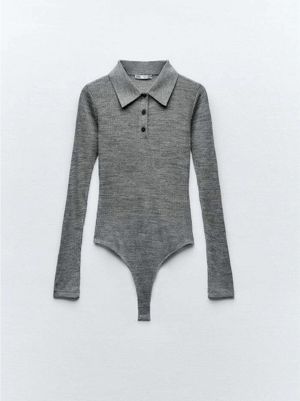 Zara Gray Ribbed Long-Sleeve Polo Bodysuit